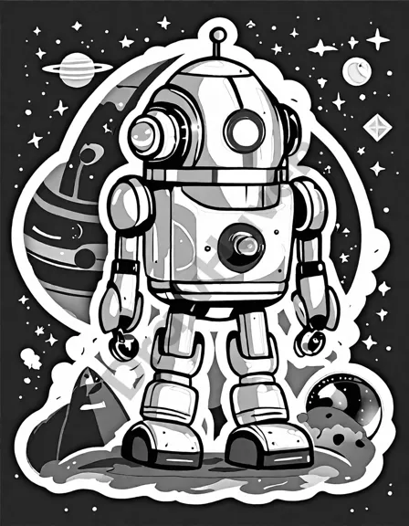 coloring page featuring rockets and robots in space at a toy store in black and white