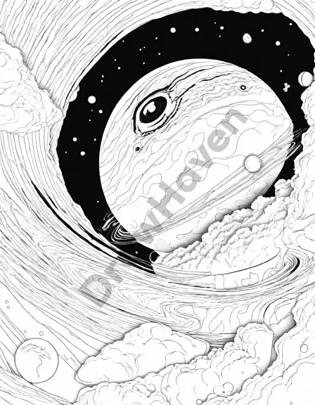 interactive coloring page of jupiter, the solar system's gas giant, featuring its swirling clouds and great red spot in black and white
