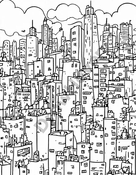 intricate abstract coloring book page depicting the chaos and energy of vibrant urban life, featuring skyscrapers, shapes, and vibrant colors in black and white