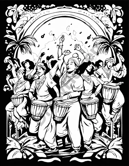 coloring book page featuring bongos and congas with a festive background of music notes and dancers in black and white