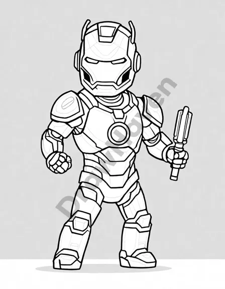 Coloring book image of iron man's iconic armor shines in the sun, a testament to his unwavering commitment to protecting the world from darkness in black and white