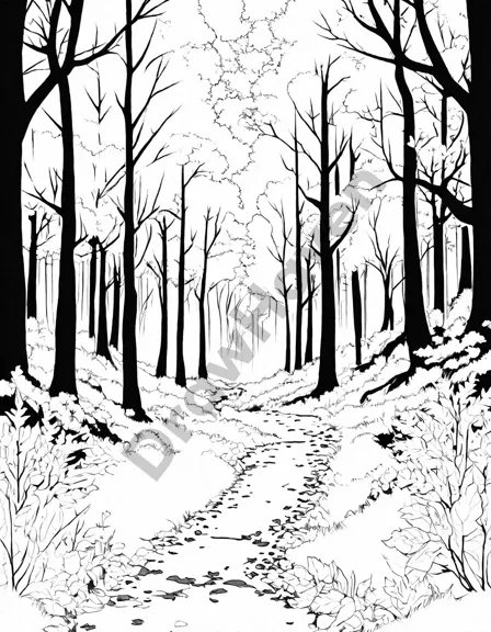 coloring book page of an autumnal forest with leaves in shades of amber, gold, and red in black and white