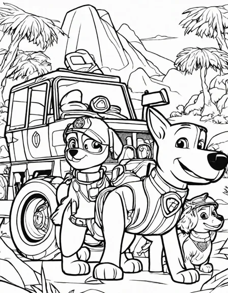 Coloring book image of paw patrol dino rescue mission with chase, marshall, skye, and rex using dino tools in black and white