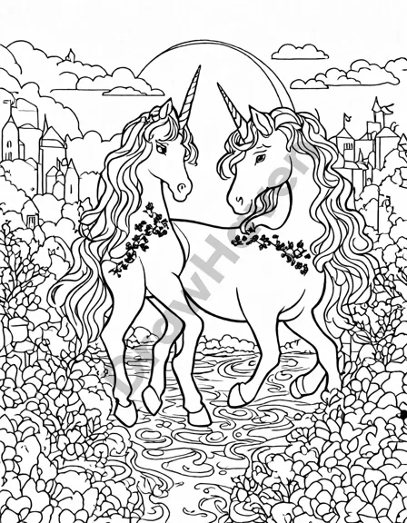 coloring book page featuring unicorns and rainbow bridges in a magical sky in black and white