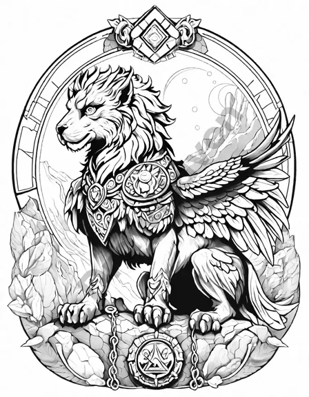majestic griffin guarding treasures on a mountaintop coloring page with ancient ruins and magical details in black and white