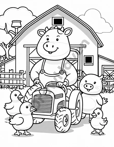 vintage red tractor and farm animals in a heartwarming farm scene coloring book image in black and white
