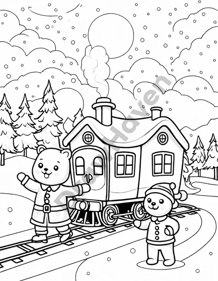 polar express coloring page with train, children, northern lights, and north pole village in black and white