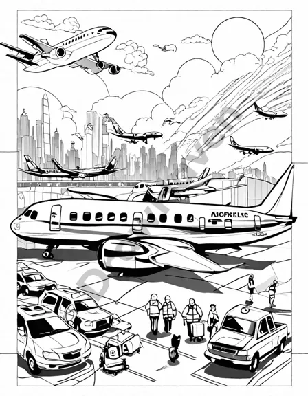 coloring book illustration of planes at gates with ground crews, enticing travelers and aviation fans in black and white
