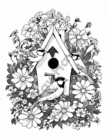 Coloring book image of cozy birdhouse amidst a blooming garden, with singing songbirds and colorful flowers in black and white