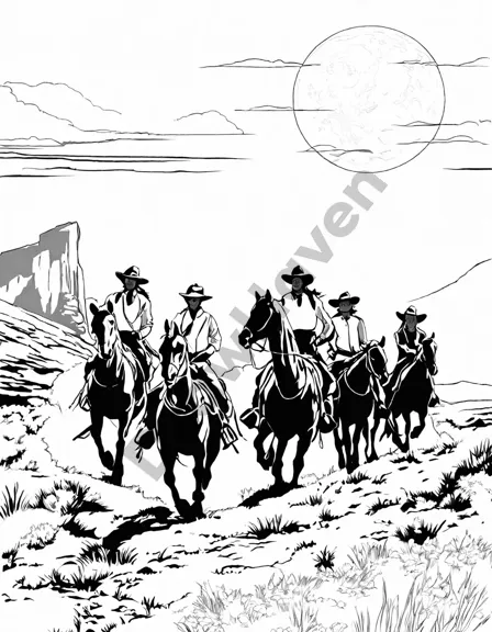 coloring book image of cowboys riding horses across plains at sunset with mountain silhouette in black and white