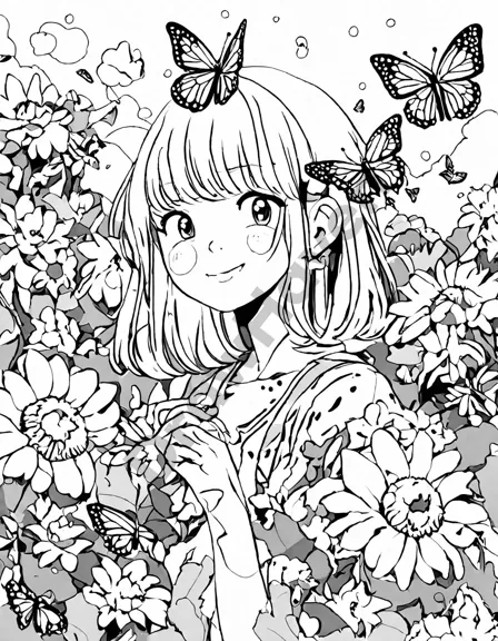Coloring book image of butterflies fluttering around a lush garden with a variety of blooming flowers and a sunflower in black and white