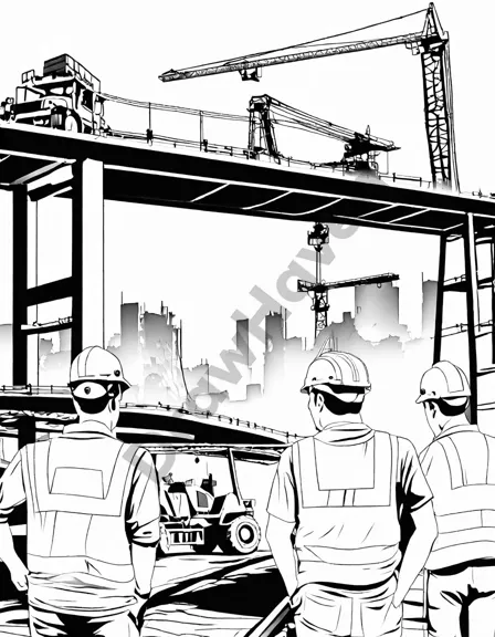 Coloring book image of road roller smoothing asphalt with construction site and building bridge in the background in black and white