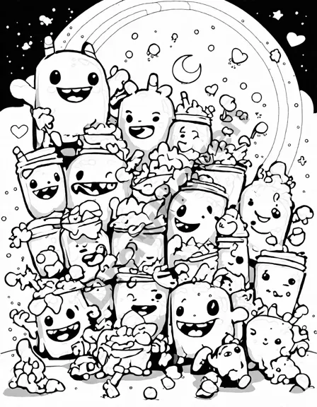 Coloring book image of mischievous monsters making a mystical smoothie with whimsical ingredients in black and white