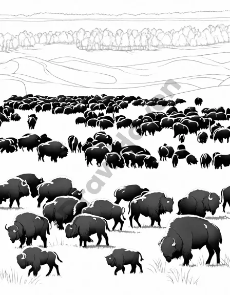coloring book page featuring a herd of bison on the plains, with a playful calf in the foreground in black and white