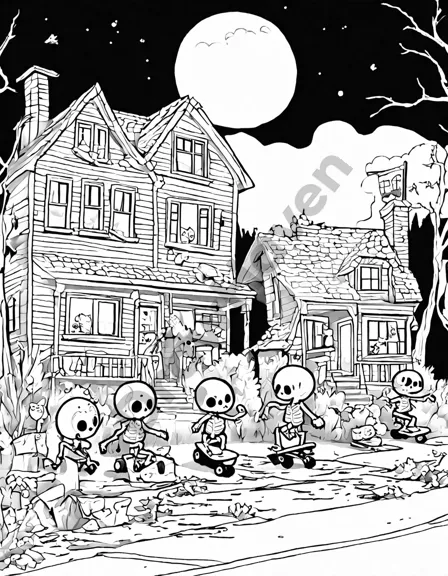 Coloring book image of skateboarding skeletons performing stunts in a spooky suburb under a full moon in black and white