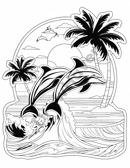coloring book image of dolphins leaping over waves with a beach and sailboat background in black and white
