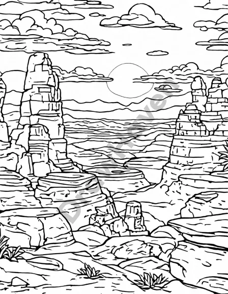 mesmerizing coloring page featuring a serene sunset over a mesa adorned with native american symbols and designs in black and white