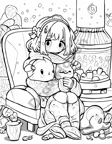 Coloring book image of cozy winter evening by the fire, with a knitted blanket, armchair, cocoa, and crackling flames in black and white