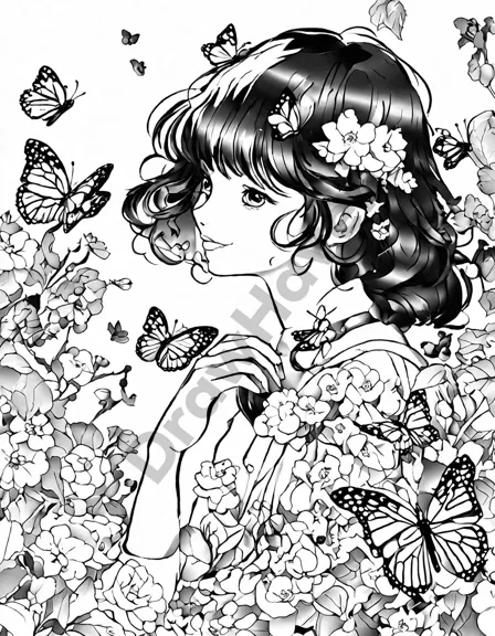 coloring book page with intricate flowers and colorful butterflies in a lush garden setting in black and white