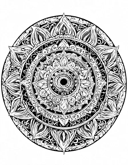 Coloring book image of intricate mandala design symbolizing ancient wisdom and meditative journey in black and white
