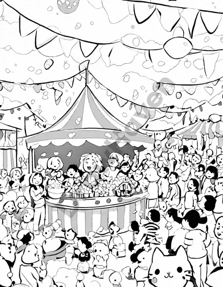 coloring book image depicting a vibrant circus snack stall with a jovial vendor, popcorn, cotton candy, and excited attendees in black and white