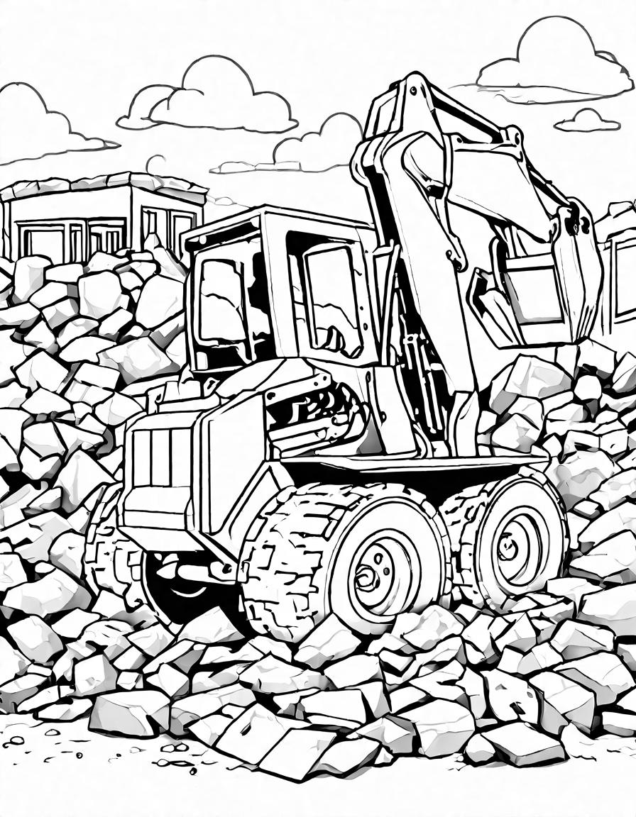 coloring page of a skid steer loader at work on a construction site in black and white