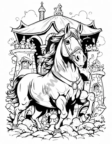 coloring book page of humpty dumpty's fall with king's horses and men, awaiting kids' creativity in black and white