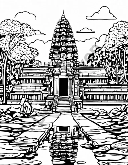 coloring book page of angkor wat temple at sunrise with intricate carvings and towering spires in black and white