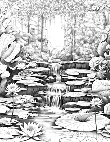 tranquil waterfall oasis adult coloring page featuring lush foliage, cascading waterfall, clear pond, pebble banks, and water lilies in black and white