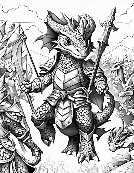 Coloring book image of dragons and knights in a spirited tournament under a clear sky, showcasing camaraderie and colorful scenery in black and white