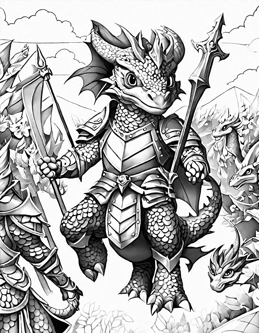 Coloring book image of dragons and knights in a spirited tournament under a clear sky, showcasing camaraderie and colorful scenery in black and white
