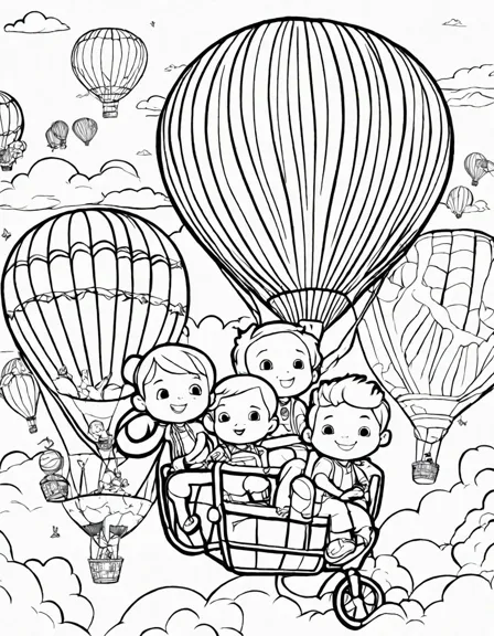 jj and cocomelon friends' balloon fiesta coloring page in black and white