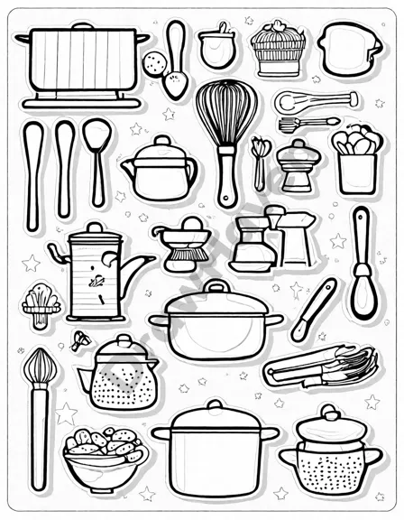 coloring page of a bustling kitchen filled with various cooking tools and gadgets in black and white