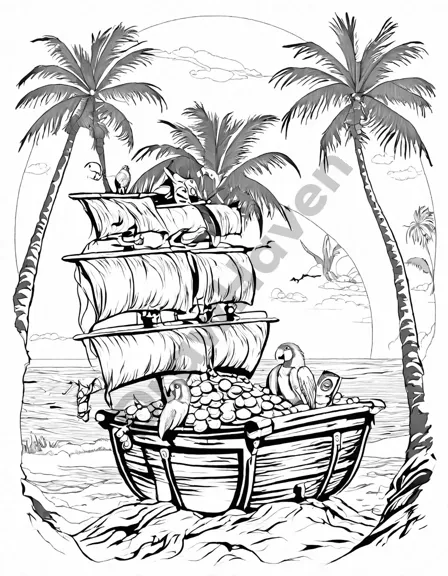 Coloring book image of pirates celebrating with treasure on a tropical beach at sunset with parrots and a pirate flag in black and white