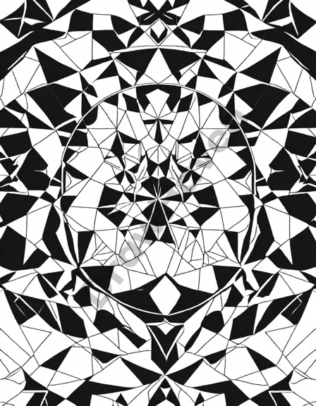 abstract coloring book page with intricate geometric patterns merging into a mesmerizing visual feast. circles, triangles, and hexagons dance together in black and white