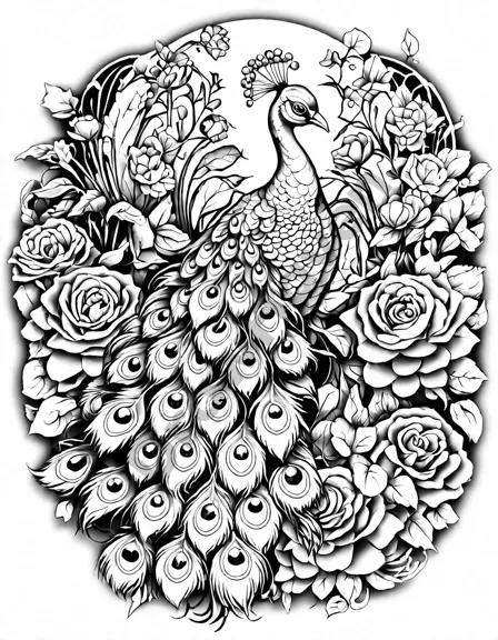 coloring book page featuring a peacock in a garden with vibrant flowers and cobblestone path in black and white