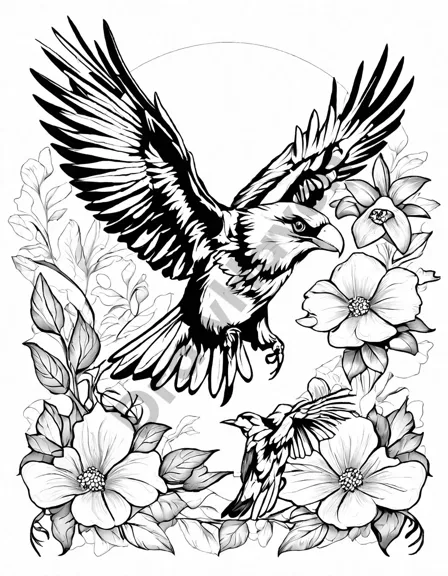 captivating coloring book page featuring an array of birds soaring through the air with graceful poses in black and white