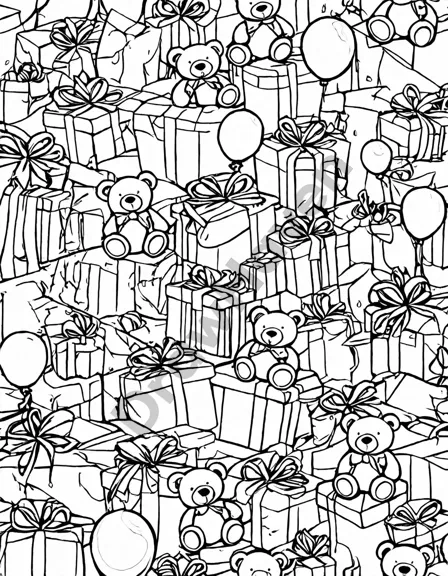 coloring book page featuring a pile of gifts with playful wrapping, surrounded by children and balloons in black and white