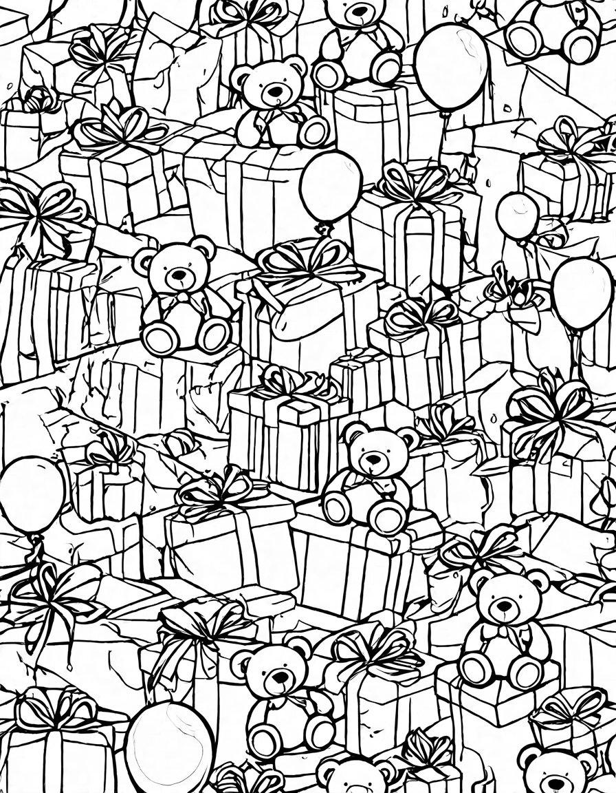 coloring book page featuring a pile of gifts with playful wrapping, surrounded by children and balloons in black and white