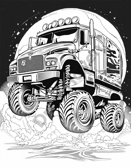 coloring page of super trucks at the starting line, featuring massive engines and rugged tires in black and white