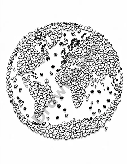 Coloring book image of map of the world sketched in coffee beans with distinct regions, flavors, and unique aroma in black and white