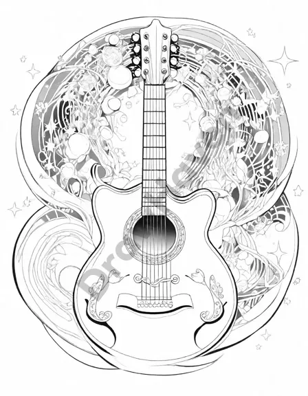 intricate guitar strings in vibrant colors, sparking imagination and musical expression through imaginative coloring in black and white