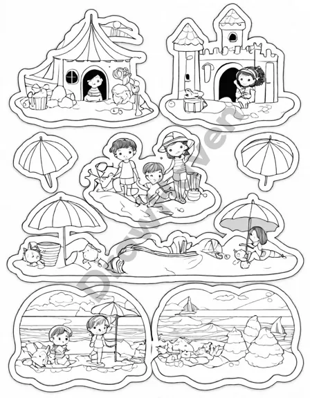 coloring book page featuring kids building a sandcastle by the sea, with sun umbrellas and sailboats in black and white