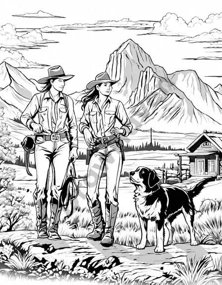 family building homestead in the wild west on a coloring page with mountains in the background in black and white