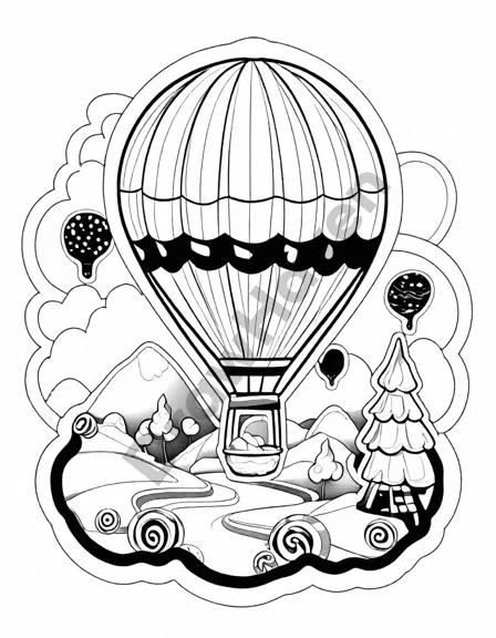 coloring page of a hot air balloon made of bubblegum floating over candy land in black and white