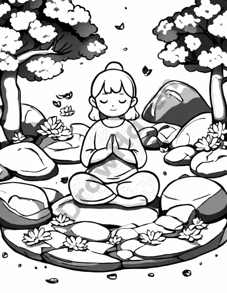 the zen garden yoga flow coloring book page featuring a yogi in serene pose amidst bonsai trees and cherry blossoms in black and white