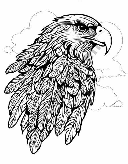 intricate eagle feather coloring page with native american patterns in black and white