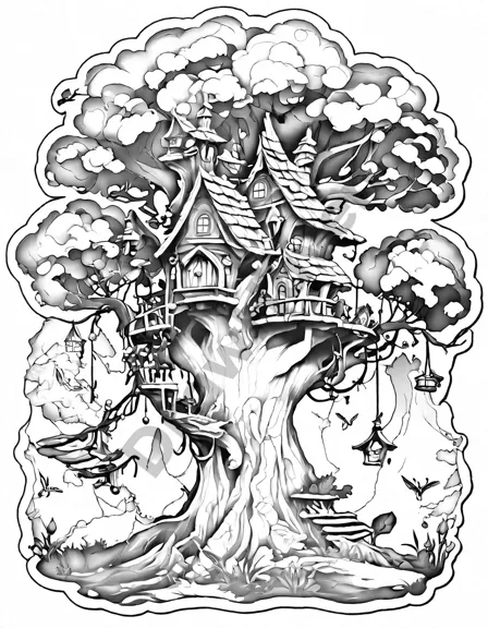 coloring page of the treehouse kingdom with fairies, a dragon, and elves in an ancient tree in black and white