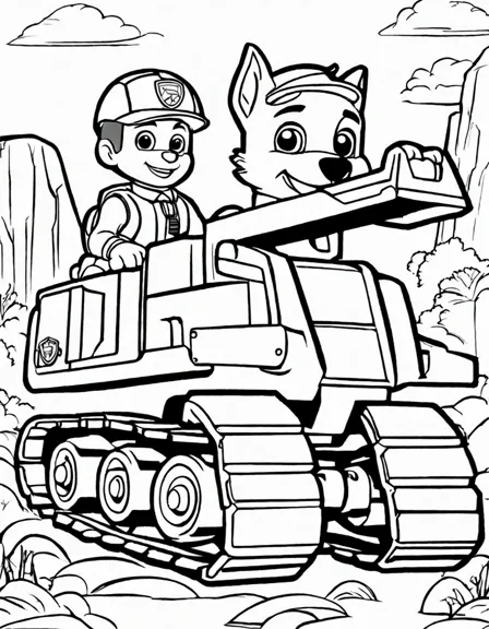 paw patrol mighty excavator coloring page featuring rubble and his excavator with extendable arm and drill in black and white
