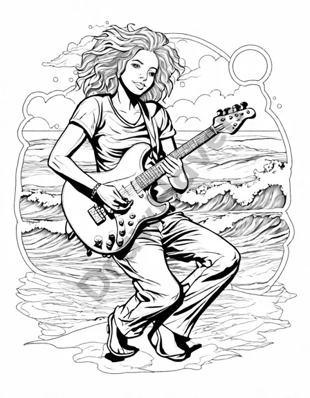Coloring book image of beach band plays lively music on sandy shores with drummer, guitarist, and saxophonist, surrounded by ocean waves in black and white